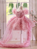 Dusty Pink Flower Girl Dress with Train 3D Butterfly Baby Pageant Birthday Princess Gown