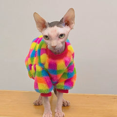 Sphynx Cat Plush Hoodie – Warm Rainbow Plaid Winter Clothes for Hairless Cats