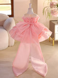 Blush Pink Satin Flower Girl Dress with Large Bow Back for Wedding & Birthday Party