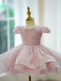 Sparkly Pink FLlower Girl Dress Short Puff Sleeve Ruffle Tulle Toddler Gown for Wedding Baptism Birthday