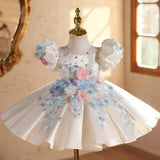 Ivory Satin Multi-Color 3D Flower Pearl Appliqué Flower Girl Dress for Wedding Birthday Pageant