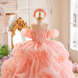 Peach Pink Girls Pageant Dress | Luxury Flower Girl Gown