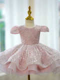Sparkly Pink FLlower Girl Dress Short Puff Sleeve Ruffle Tulle Toddler Gown for Wedding Baptism Birthday