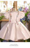 Luxurious 3D Floral Embroidery Flower Girl Dress with Puff Sleeves — Premium Tulle Princess Ball Gown for Weddings & Birthdays