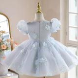 Baby Blue Floral Princess Dress - 3D Rose Sequin Birthday Gown for Toddler - Luxury Lace Puff Sleeve Party Wear