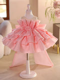 Blush Pink Satin Flower Girl Dress with Large Bow Back for Wedding & Birthday Party