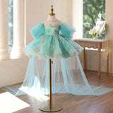 Turquoise Glitter Butterfly Tulle Flower Girl Dress With Removable Long Train for Wedding Birthday