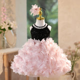 Black and Pink Flower Girl Dress with Pearl Halter Neck & 3D Petal Skirt