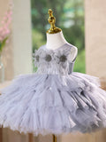 Gray Flower Girl Dress with 3D Floral & Feather Details Birthday Party Gown