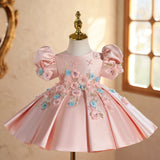 Pink 3D Flower Girl Dress with Puff Sleeves | Luxury Toddler Birthday Gown