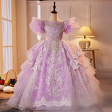 Lilac Princess Pageant Flower Girl Dress | Girls Beaded Embroidery Pageant Gown