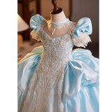 Shimmering Light Blue Flower Girl Dress - Layered Tulle Princess Pageant Gown