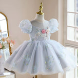 Baby Blue Floral Princess Dress - 3D Rose Sequin Birthday Gown for Toddler - Luxury Lace Puff Sleeve Party Wear