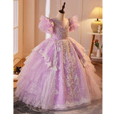 Lilac Princess Pageant Flower Girl Dress | Girls Beaded Embroidery Pageant Gown