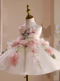 Elegant 3D Floral Applique Flower Girl Dress with Big Bow Headband — Premium Tulle Toddler Princess Ball Gown for 1st Birthday & Weddings