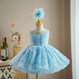 Sky Blue Sequined Baby Flower Girl  Dress Pageant Gown for 1st Birthday & Weddings