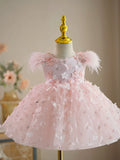 Blush Pink Feather Shoulder 3D Floral Butterfly Tulle Flower Girl Dress With Matching Headpiece