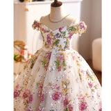 Luxury French Floral Flower Girl Dress | Off-Shoulder Princess Pageant Gown