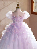 Lavender 3D Butterfly Puff Sleeve Princess Flower Girl Dress | Sparkle Tulle Pageant Gown