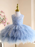 Blue Lace Ruffled Tulle Flower Girl Dress | Sleeveless Kids Birthday Tutu Gown for Piano Performance & Wedding
