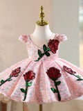 Sleeveless Pink Sequin Rose Flower Girl Dress Princess Birthday Party Gown for Toddler Kids