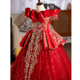 Red & Gold Girls Pageant Dress | Luxury Kids Holiday Gala Birthday Party Gown