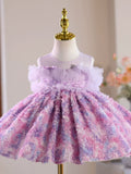 Sleeveless Lavender Ruffle Pearl Tutu Flower Girl Dress for Wedding Baptism Toddler Birthday