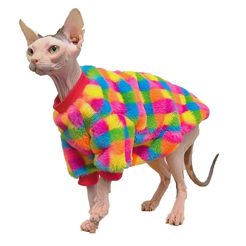 Sphynx Cat Plush Hoodie – Warm Rainbow Plaid Winter Clothes for Hairless Cats