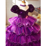Luxury Deep Purple Sequin Flower Girl Dress with Pearl Collar Baby Birthday Party Gown