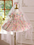 Pink Flower Girl Dress with Veil Multi-Color 3D Floral Kids Birthday Princess Gown