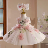 Elegant 3D Floral Applique Flower Girl Dress with Big Bow Headband — Premium Tulle Toddler Princess Ball Gown for 1st Birthday & Weddings