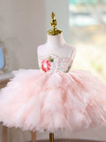 Luxury Pink Floral Sequin Flower Girl Dress with Ruffled Tutu Skirt