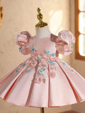 Pink 3D Flower Girl Dress with Puff Sleeves | Luxury Toddler Birthday Gown