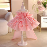 Blush Pink Satin Flower Girl Dress with Large Bow Back for Wedding & Birthday Party