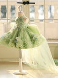 End Mint Green Halter Sequin Feather Flower Girl Dress with Detachable Train