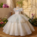 Flower Girl Dress Monet Garden Pastel Blue & Pink Princess Ball Gown for Girls Party