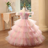 Pink Off Shoulder Tiered Tulle Flower Girl Dress | Princess Birthday Pageant Gown for Kids Wedding Party