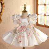 Ivory Satin Flower Girl Dress with Puff Sleeves 3D Floral Birthday Princess Gown