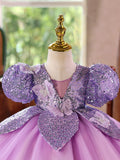Parkly Purple Sequin Flower Girl Dress with 3D Butterflies Puff Sleeves Princess Tutu Gown for Birthday Pageant Party