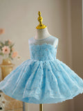 Sky Blue Sequined Baby Flower Girl  Dress Pageant Gown for 1st Birthday & Weddings
