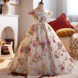 Luxury French Floral Flower Girl Dress | Off-Shoulder Princess Pageant Gown