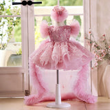 Dusty Pink Flower Girl Dress with Train 3D Butterfly Baby Pageant Birthday Princess Gown