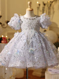 Sparkling Silver Girls Birthday Party Dress - Elegant Tulle Pageant Gown with Puff Sleeves