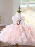 Luxury Pink Floral Sequin Flower Girl Dress with Ruffled Tutu Skirt