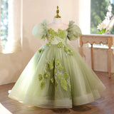 Sage Green Puff Sleeve Tulle Flower Girl Dress 3D Leaf Embroidery Kids Pageant Gown