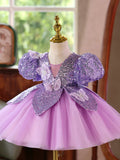 Parkly Purple Sequin Flower Girl Dress with 3D Butterflies Puff Sleeves Princess Tutu Gown for Birthday Pageant Party
