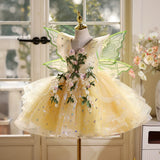 Baby Yellow Fairy Princess Dress with Wings - 3D Floral Vine Tutu Gown for Toddler Birthday & Enchanted Forest Party