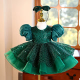 Emerald Green Sequin Flower Girl Dress with Puff Sleeves & Headband