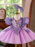 Parkly Purple Sequin Flower Girl Dress with 3D Butterflies Puff Sleeves Princess Tutu Gown for Birthday Pageant Party