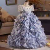 Dusty Blue Girls Pageant Dress | Luxury 3D Floral Recital Gown
